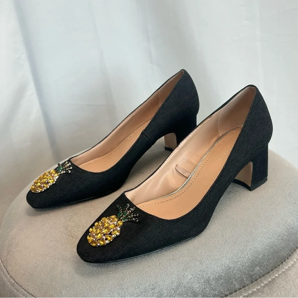 Zara Crystal rhinestone pineapple black denim round toe block heel shoes 39